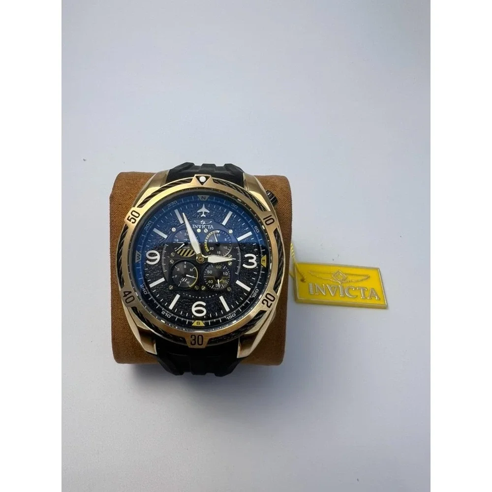 #W029 Invicta Aviator #28079 Mens Chronograph Watch Gold Tone Black Dial Quartz